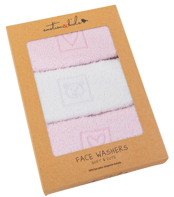 Pink Hearts & Teddy 3pk Face Washer