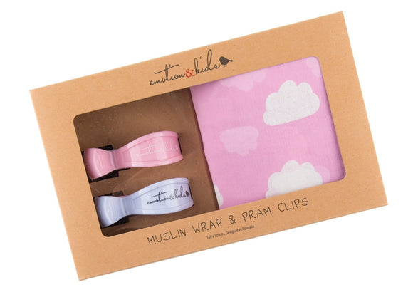 Pinks Clouds Muslin Wrap with Pink & White Clip Pack