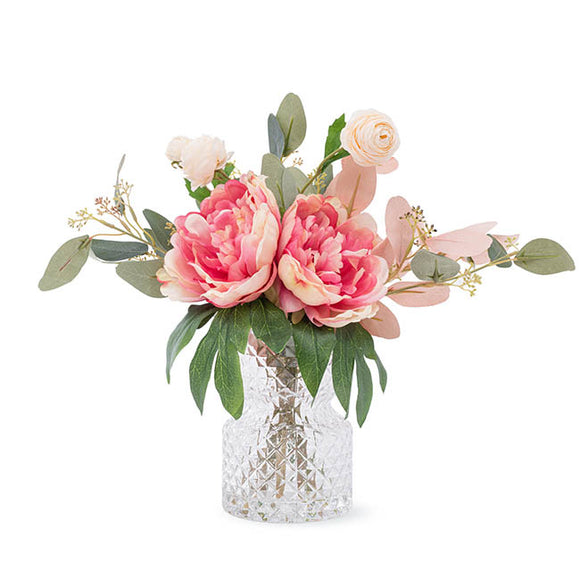 Artificial Peony & Eucalyptus Vase Arrangement (35cmH) Pink